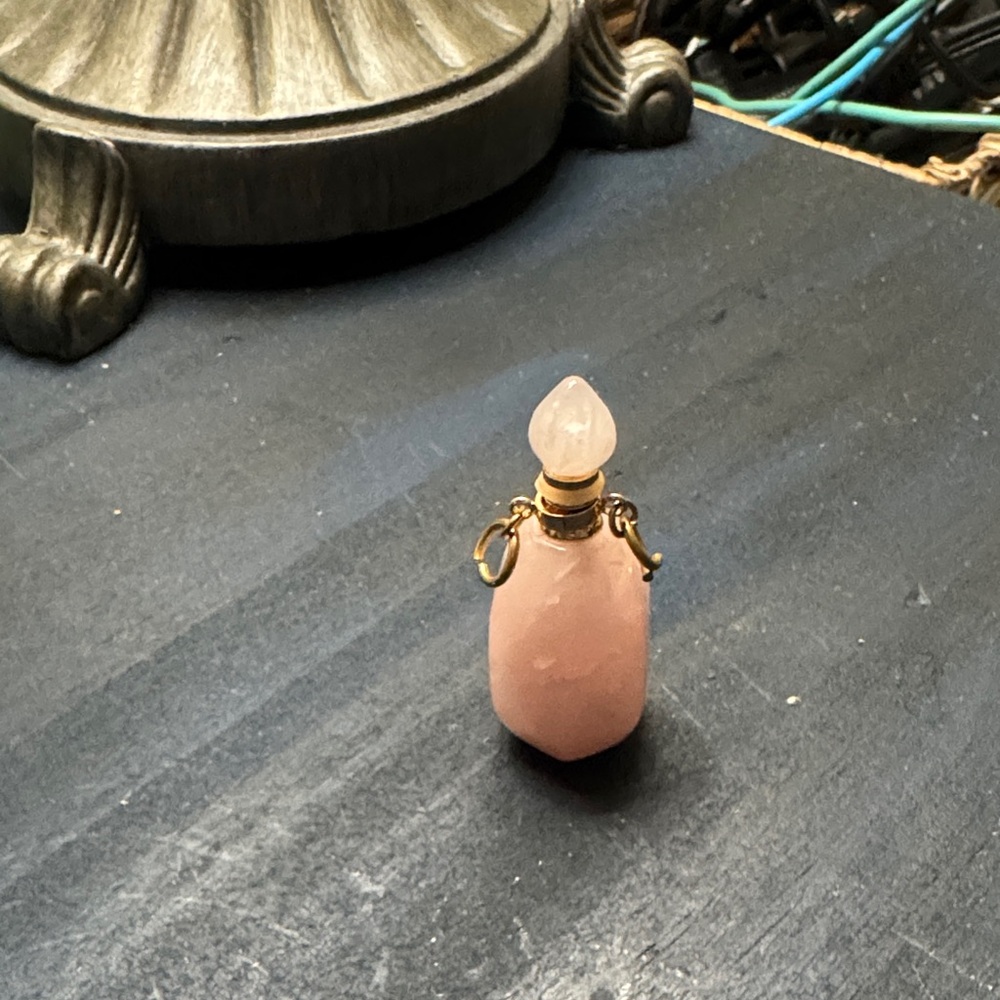 A Modern Rose Quartz Perfume Bottle Pendant with Gold m-Tone Findings